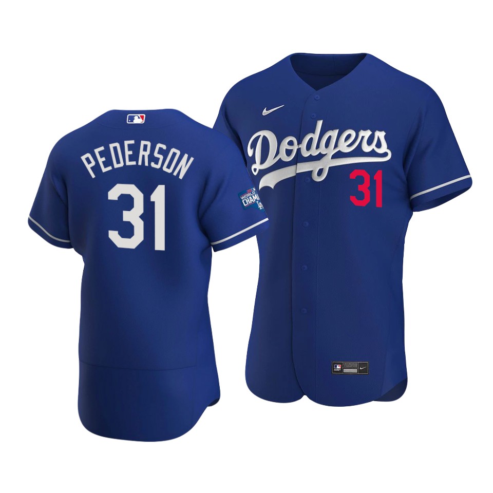 Men's Los Angeles Dodgers #31 Joc Pederson 2020 Blue World Series Champions Patch Flex Base Sttiched Jersey
